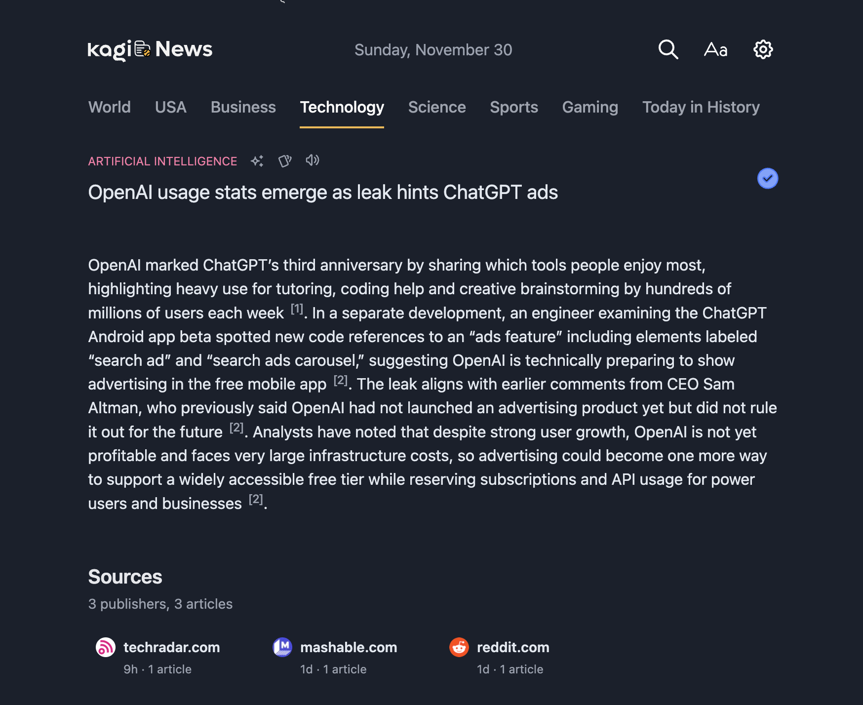 screenshot from kagi news showing no attribution to author(s)